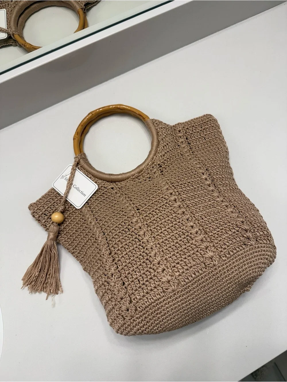 Studio Collection Crochet Tote in Beige with Bamboo Handles NWT